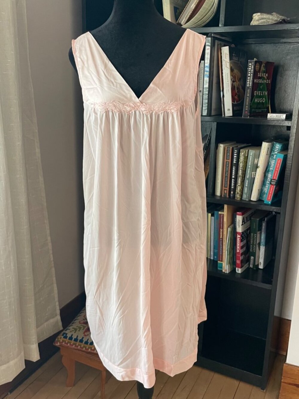 Vintage Vanity Fair Dress Granny Gown Pale Pink Womens L 90s Flowy Loose Sheer